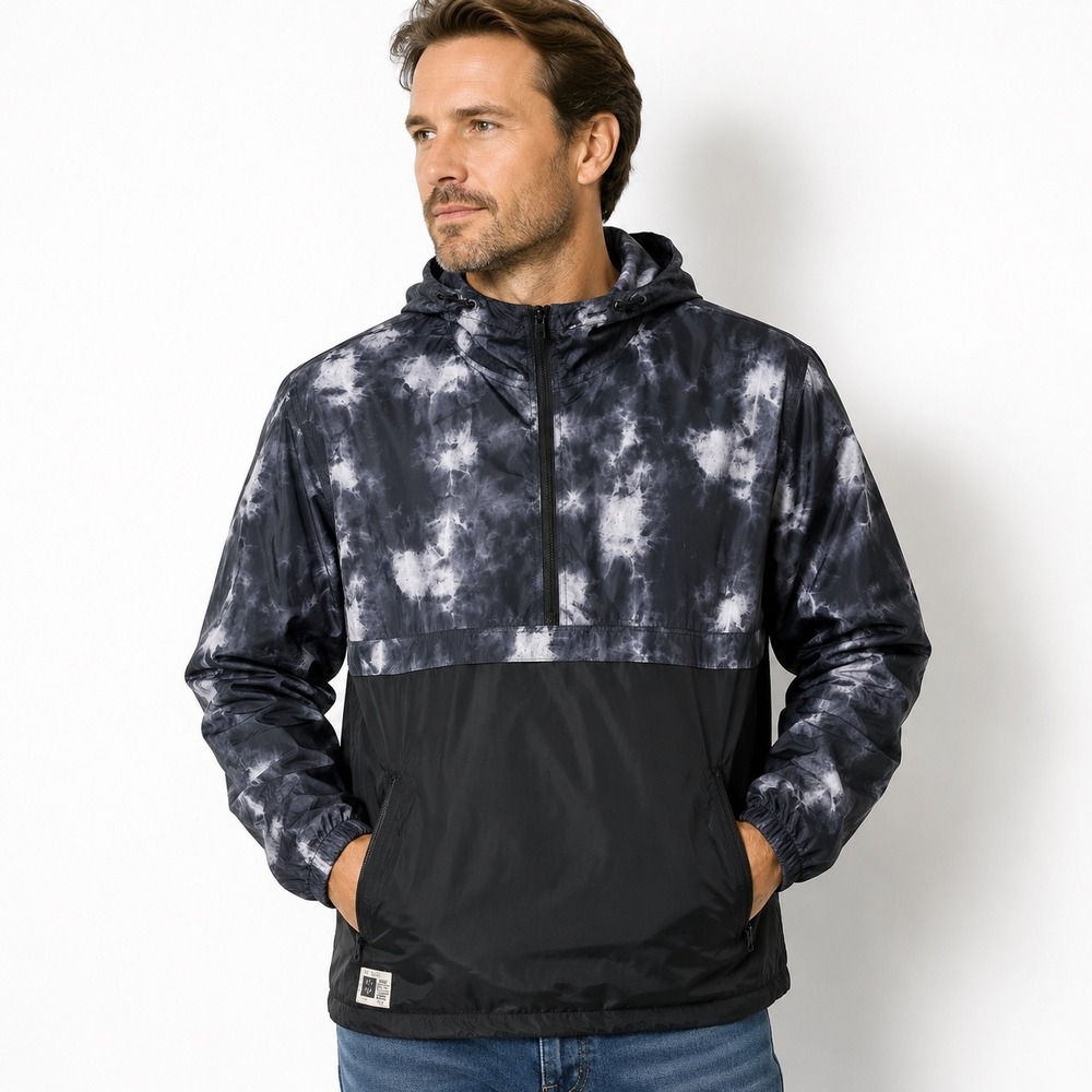 Lira Mens Anorak Windbreaker Jacket Black White Tie Dye Half Zip Hooded‎ Large L